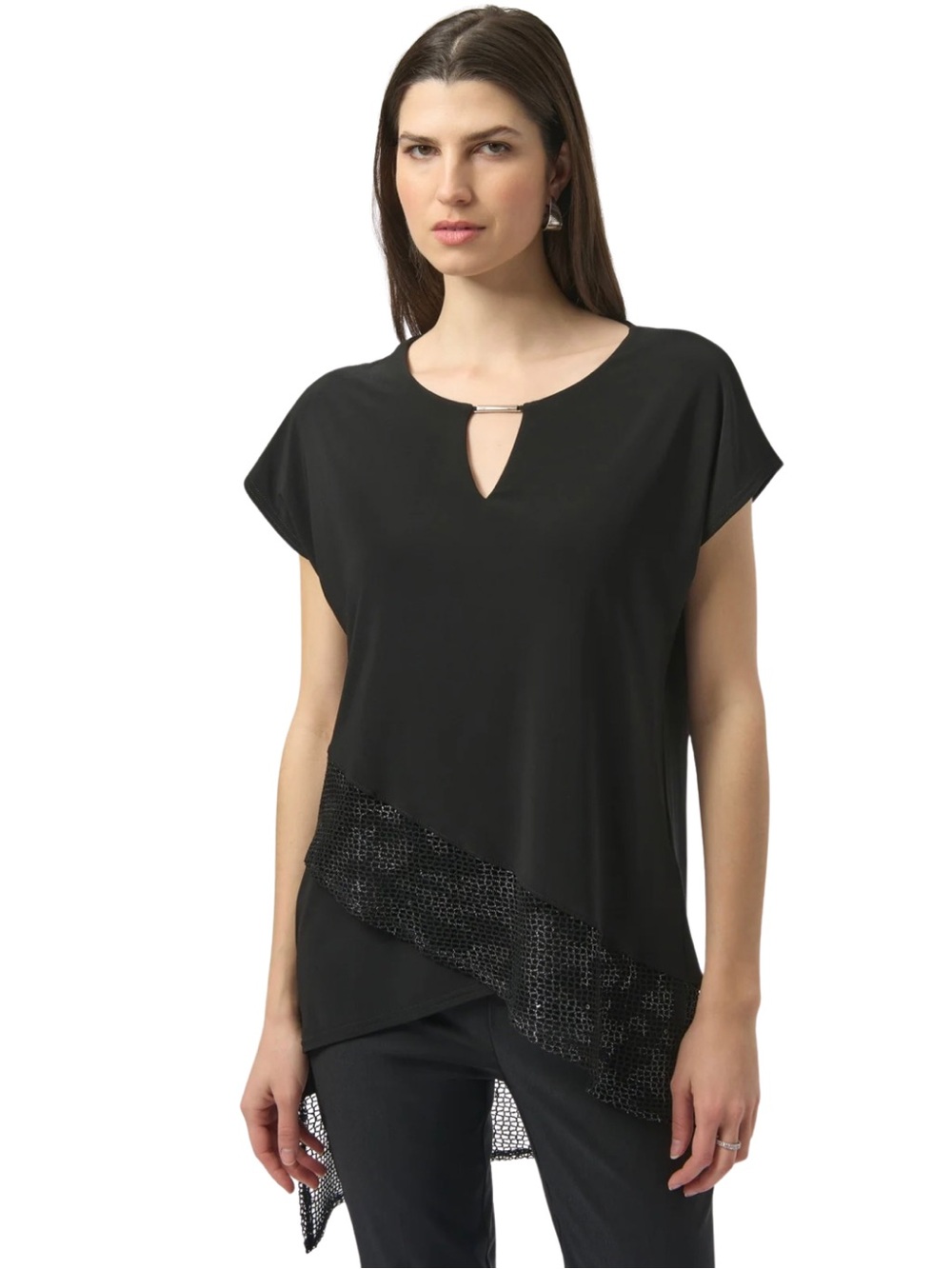 NWT Joseph Ribkoff Black Silver Sequin Mesh Asymmetrical Tunic Top Size 10